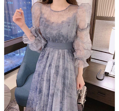 Puff-Sleeve Printed Midi A-Line Organza Dress