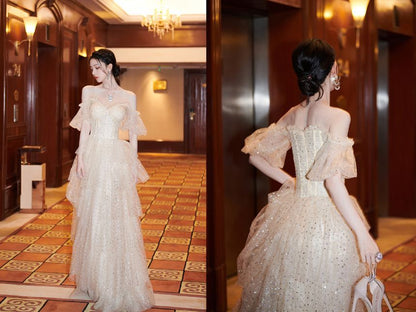 Shoulder Gown Tiered A-Line Mesh Evening Sequin Off Short-Sleeve