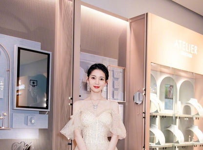 Shoulder Gown Tiered A-Line Mesh Evening Sequin Off Short-Sleeve