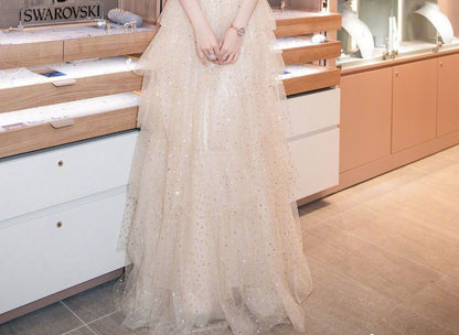 Shoulder Gown Tiered A-Line Mesh Evening Sequin Off Short-Sleeve