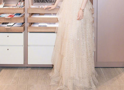 Shoulder Gown Tiered A-Line Mesh Evening Sequin Off Short-Sleeve