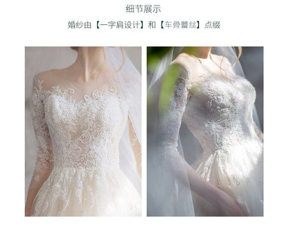 3/4-Sleeve Boat Neck Lace Mesh A-Line Wedding Gown