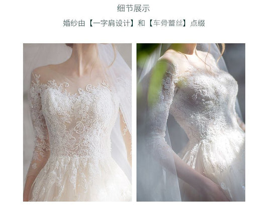 3/4-Sleeve Boat Neck Lace Mesh A-Line Wedding Gown