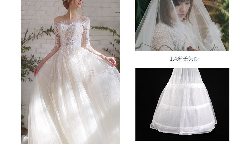 3/4-Sleeve Boat Neck Lace Mesh A-Line Wedding Gown
