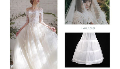 3/4-Sleeve Boat Neck Lace Mesh A-Line Wedding Gown