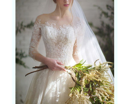 3/4-Sleeve Boat Neck Lace Mesh A-Line Wedding Gown