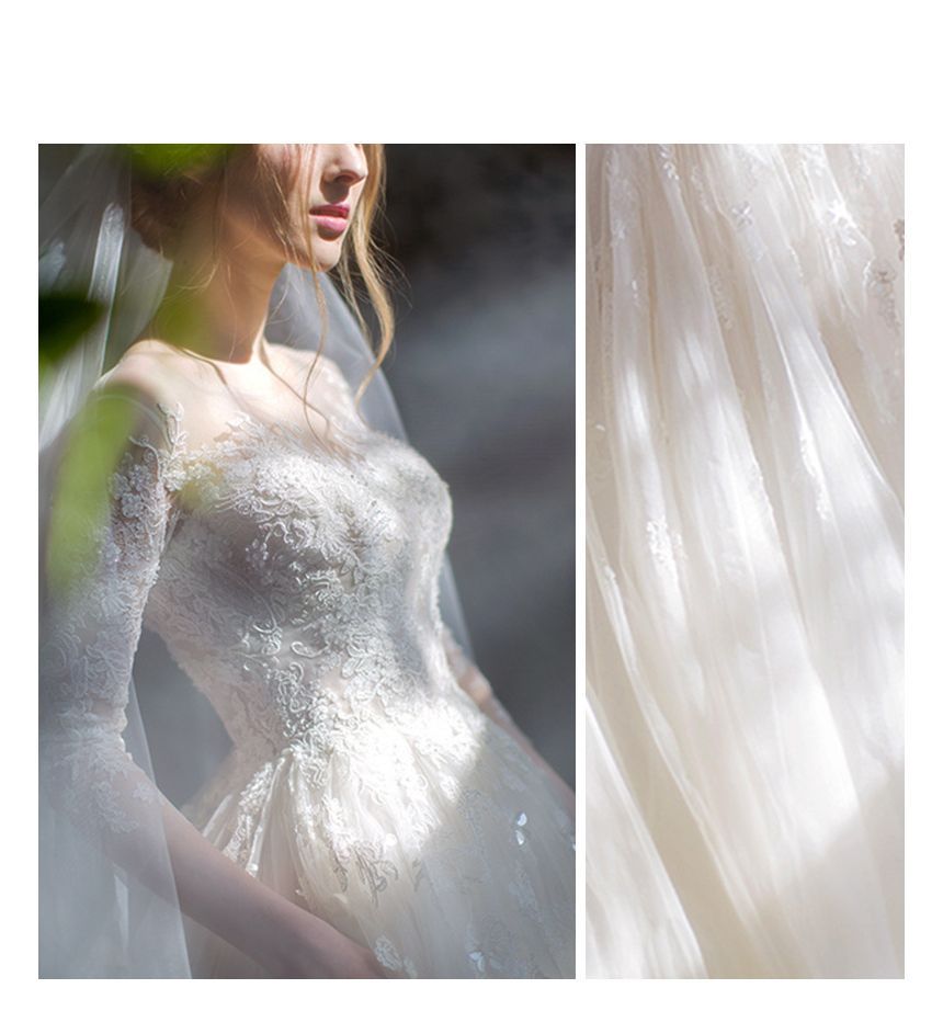 3/4-Sleeve Boat Neck Lace Mesh A-Line Wedding Gown