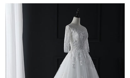 3/4-Sleeve Boat Neck Lace Mesh A-Line Wedding Gown
