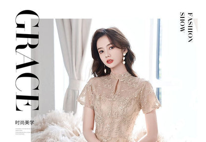 A-Line Embroidered Dress Cocktail Short-Sleeve Evening / Faux Flower Neck Mock Gown Pearl