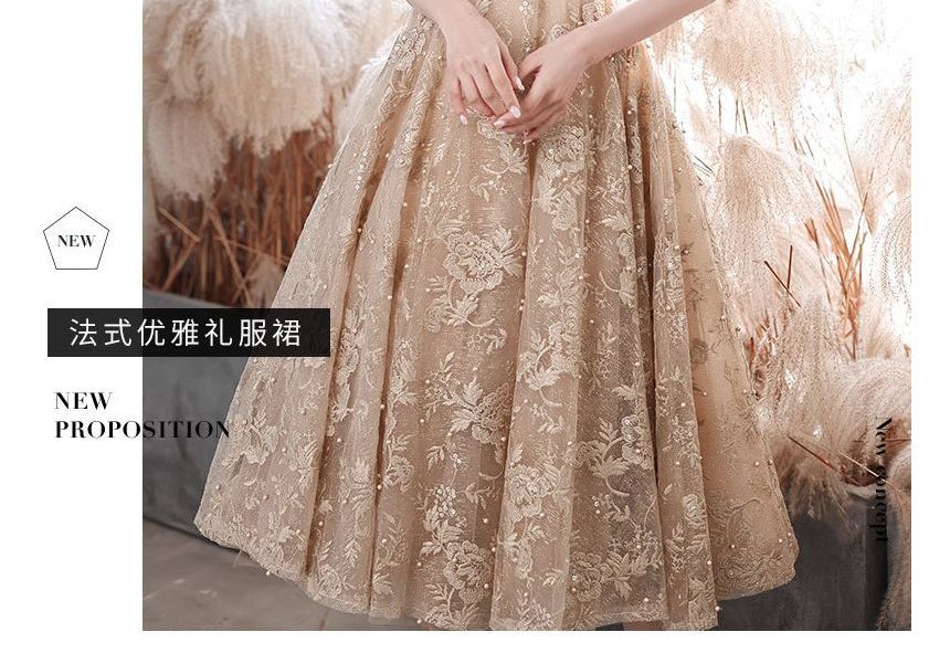 A-Line Embroidered Dress Cocktail Short-Sleeve Evening / Faux Flower Neck Mock Gown Pearl