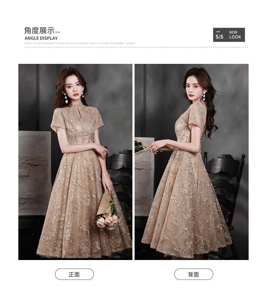 A-Line Embroidered Dress Cocktail Short-Sleeve Evening / Faux Flower Neck Mock Gown Pearl