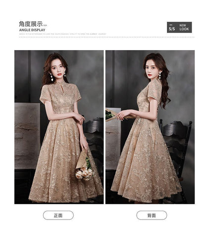 A-Line Embroidered Dress Cocktail Short-Sleeve Evening / Faux Flower Neck Mock Gown Pearl