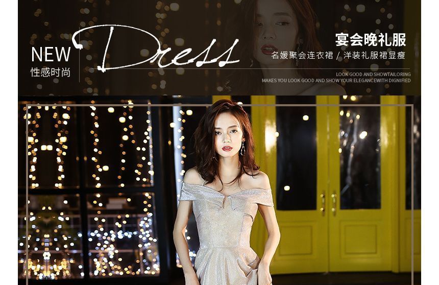 Shoulder Gown / Glitter Cocktail Off A-Line Evening Dress