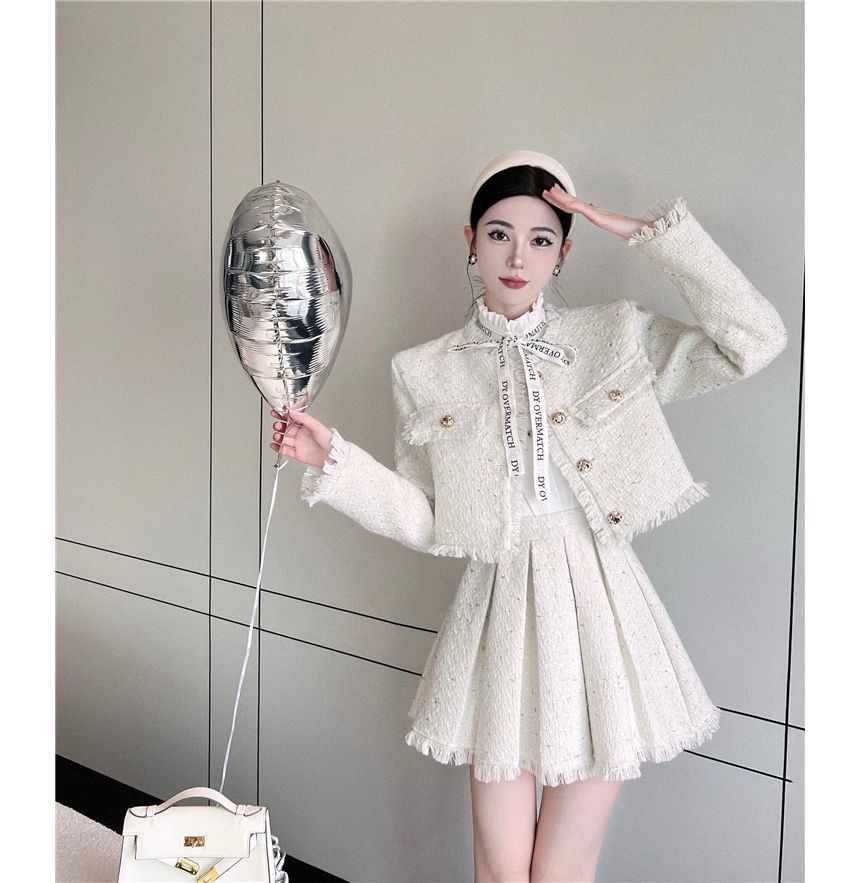 Tweed Tassel-Trim Jacket and Pleated Skirt Set