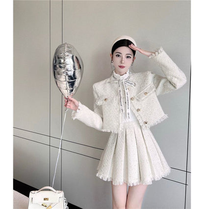 Tweed Tassel-Trim Jacket and Pleated Skirt Set