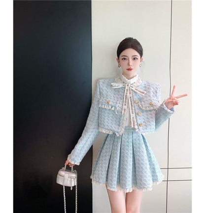 Tweed Tassel-Trim Jacket and Pleated Skirt Set