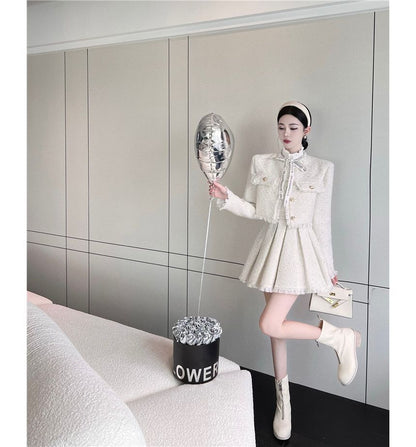 Tweed Tassel-Trim Jacket and Pleated Skirt Set