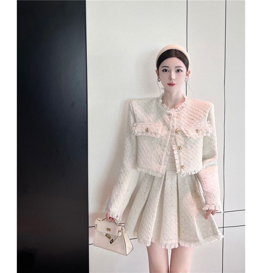 Tweed Tassel-Trim Jacket and Pleated Skirt Set