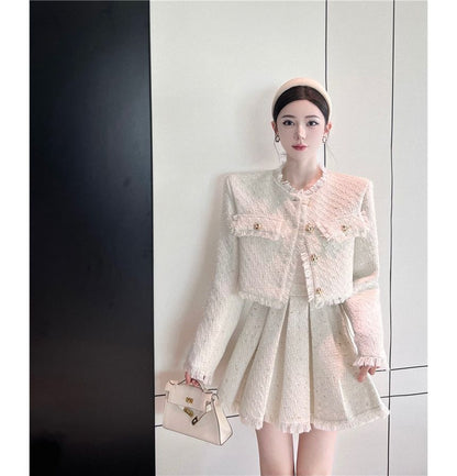 Tweed Tassel-Trim Jacket and Pleated Skirt Set