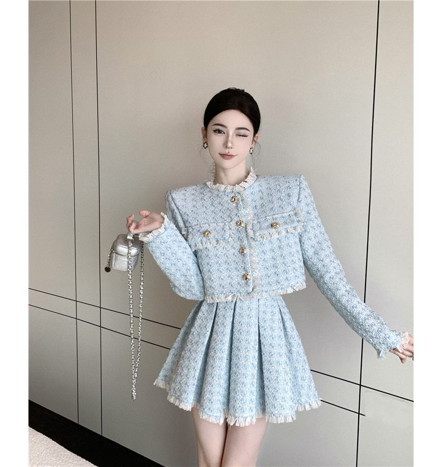 Tweed Tassel-Trim Jacket and Pleated Skirt Set