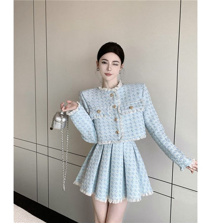 Tweed Tassel-Trim Jacket and Pleated Skirt Set