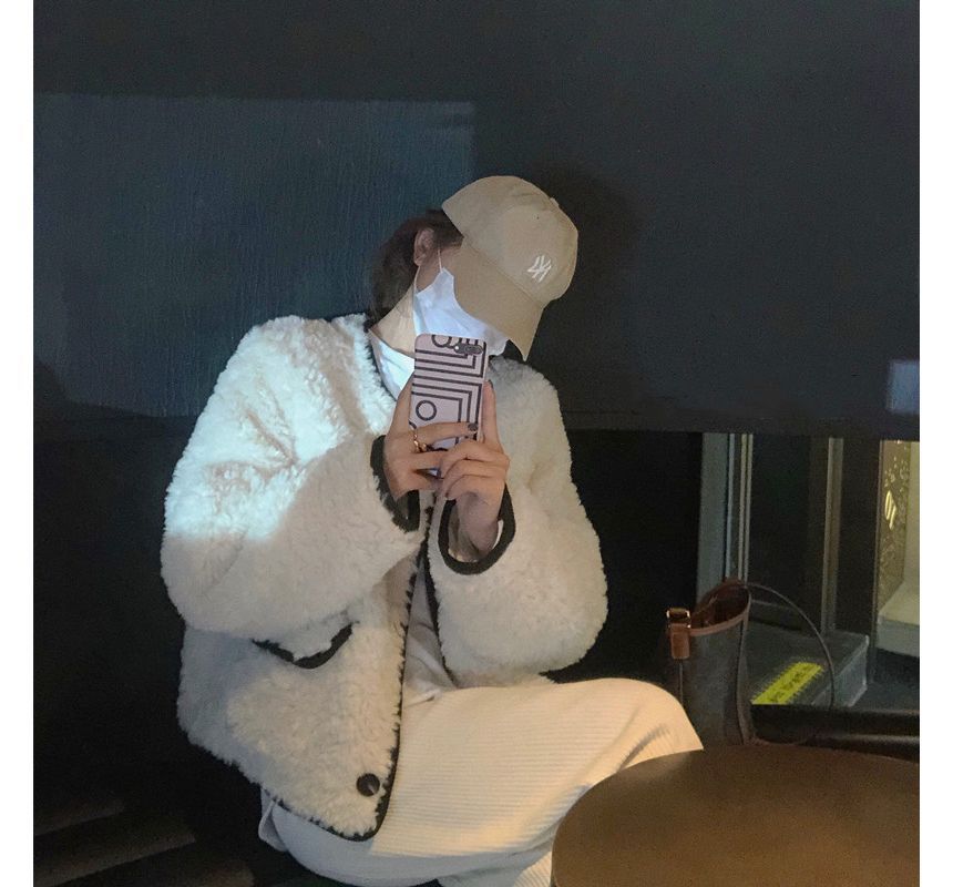 Crew Neck Contrast Trim Fluffy Button Jacket