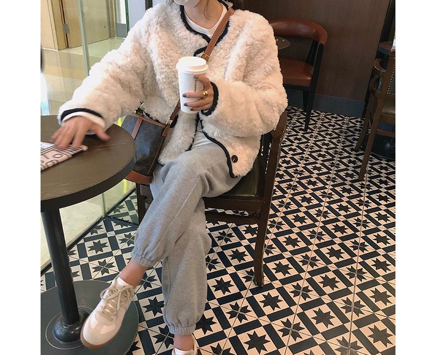 Crew Neck Contrast Trim Fluffy Button Jacket