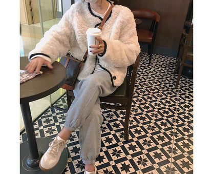 Crew Neck Contrast Trim Fluffy Button Jacket