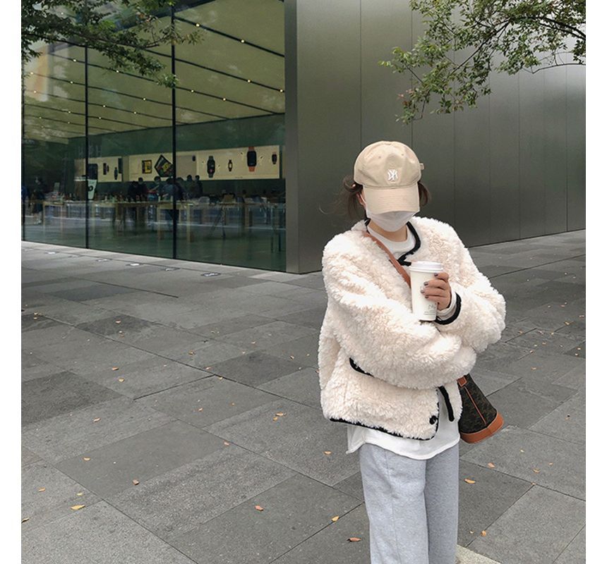 Crew Neck Contrast Trim Fluffy Button Jacket