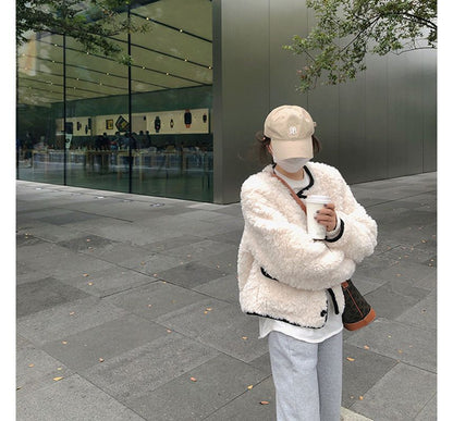 Crew Neck Contrast Trim Fluffy Button Jacket