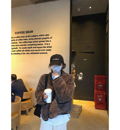 Crew Neck Contrast Trim Fluffy Button Jacket