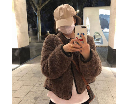 Crew Neck Contrast Trim Fluffy Button Jacket