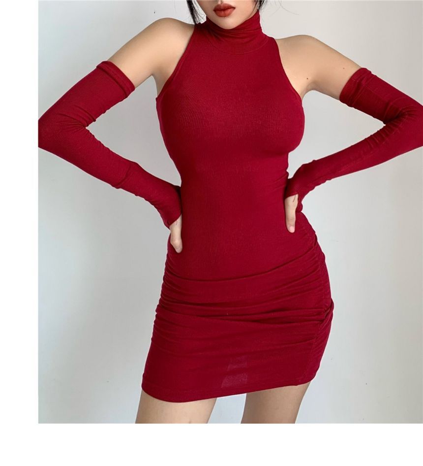 Sleeveless Turtleneck Plain Mini Dress With Arm Sleeves