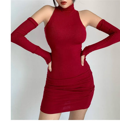 Sleeveless Turtleneck Plain Mini Dress With Arm Sleeves