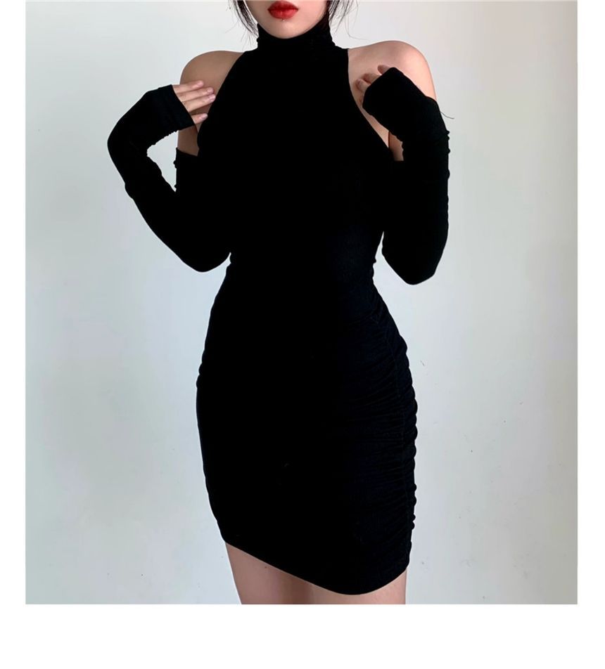 Sleeveless Turtleneck Plain Mini Dress With Arm Sleeves