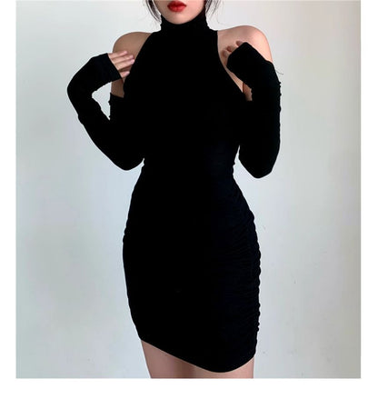 Sleeveless Turtleneck Plain Mini Dress With Arm Sleeves