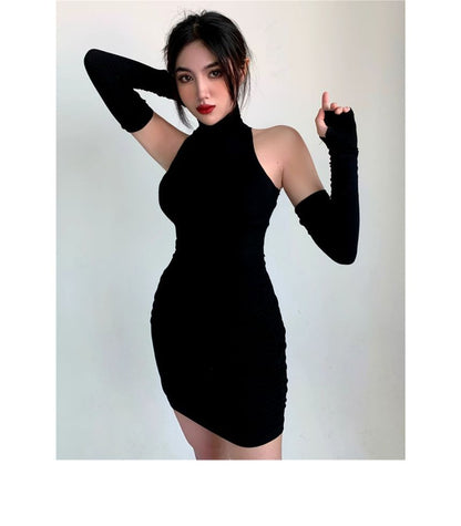 Sleeveless Turtleneck Plain Mini Dress With Arm Sleeves