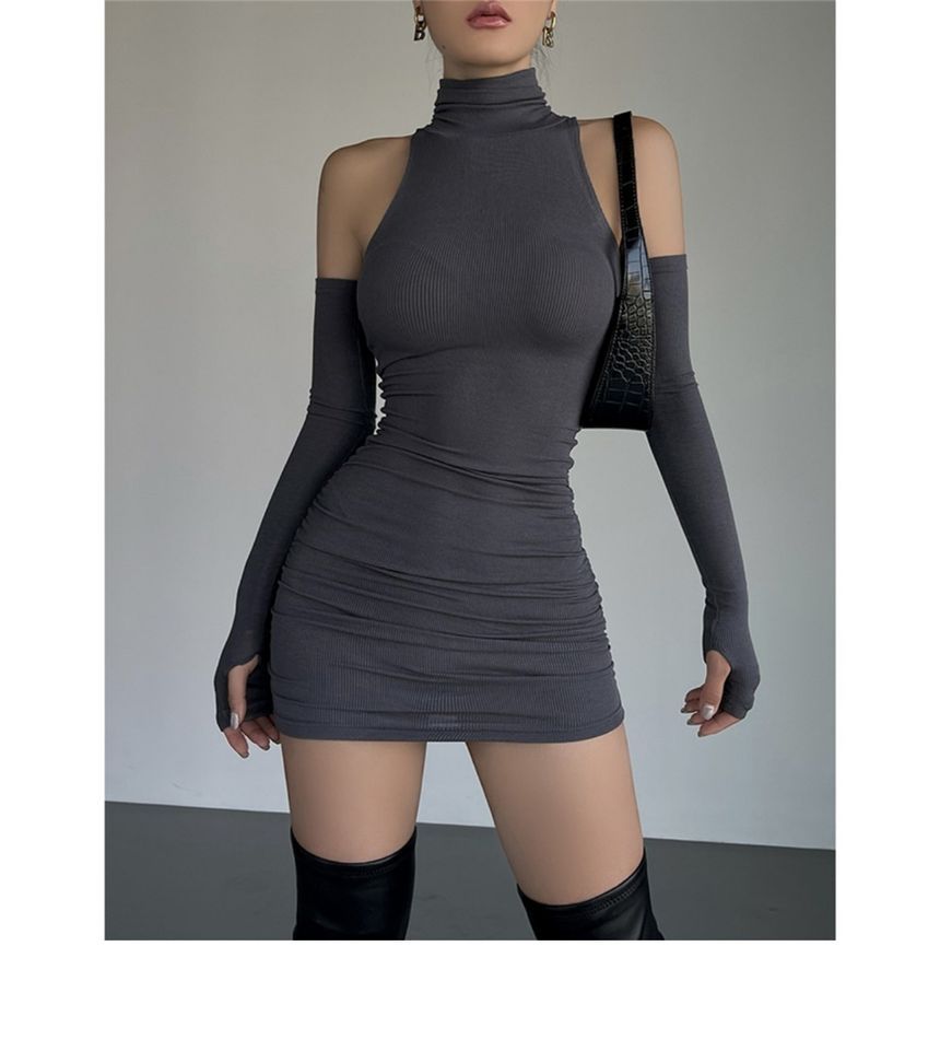 Sleeveless Turtleneck Plain Mini Dress With Arm Sleeves