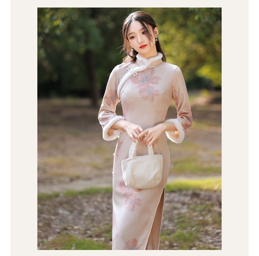 Fluffy Trim Floral Slit Midi Qipao