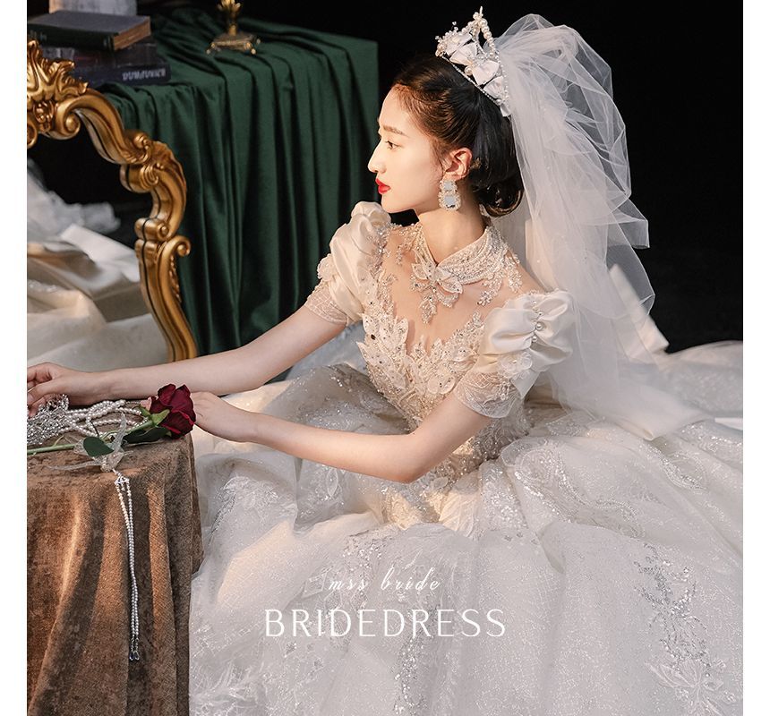 Sequined Ball Embroidered Gown Puff-Sleeve Floral Wedding