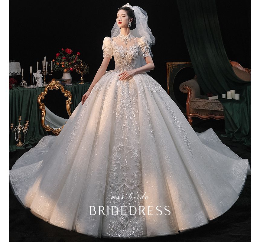 Sequined Ball Embroidered Gown Puff-Sleeve Floral Wedding