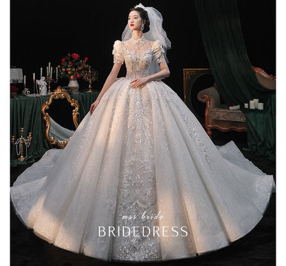 Sequined Ball Embroidered Gown Puff-Sleeve Floral Wedding