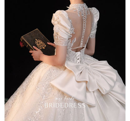 Sequined Ball Embroidered Gown Puff-Sleeve Floral Wedding