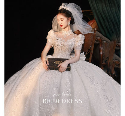 Sequined Ball Embroidered Gown Puff-Sleeve Floral Wedding