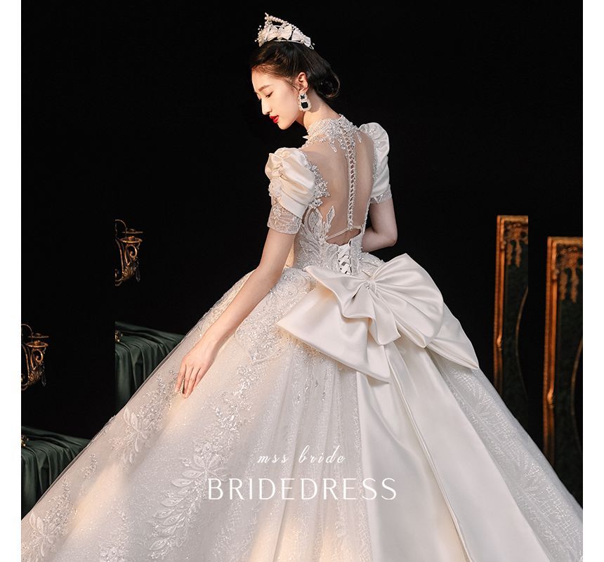 Sequined Ball Embroidered Gown Puff-Sleeve Floral Wedding