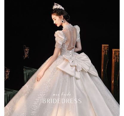 Sequined Ball Embroidered Gown Puff-Sleeve Floral Wedding