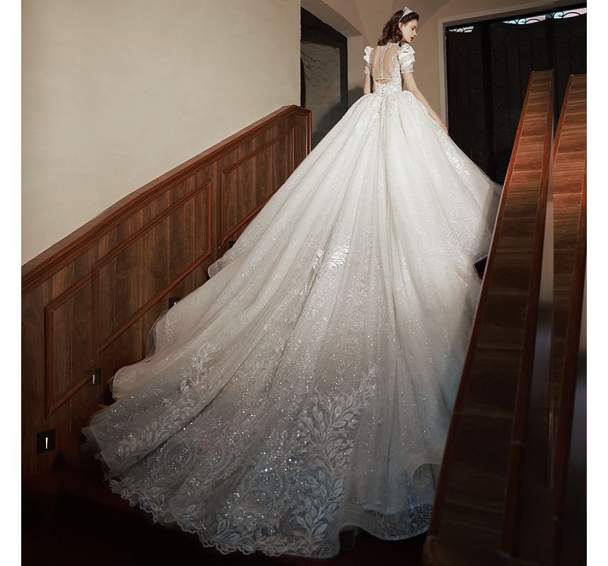 Sequined Ball Embroidered Gown Puff-Sleeve Floral Wedding
