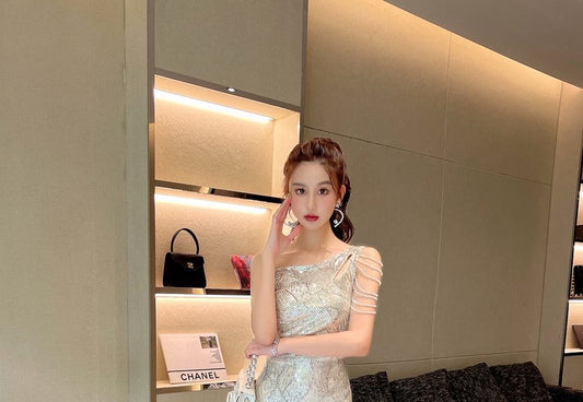 One-Shoulder Sequin Beaded Mermaid Evening Dress