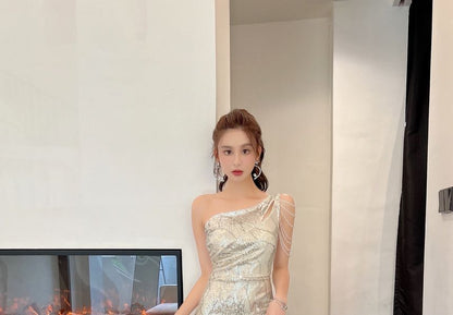 One-Shoulder Sequin Beaded Mermaid Evening Dress