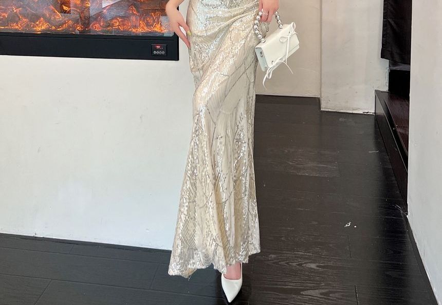 One-Shoulder Sequin Beaded Mermaid Evening Dress